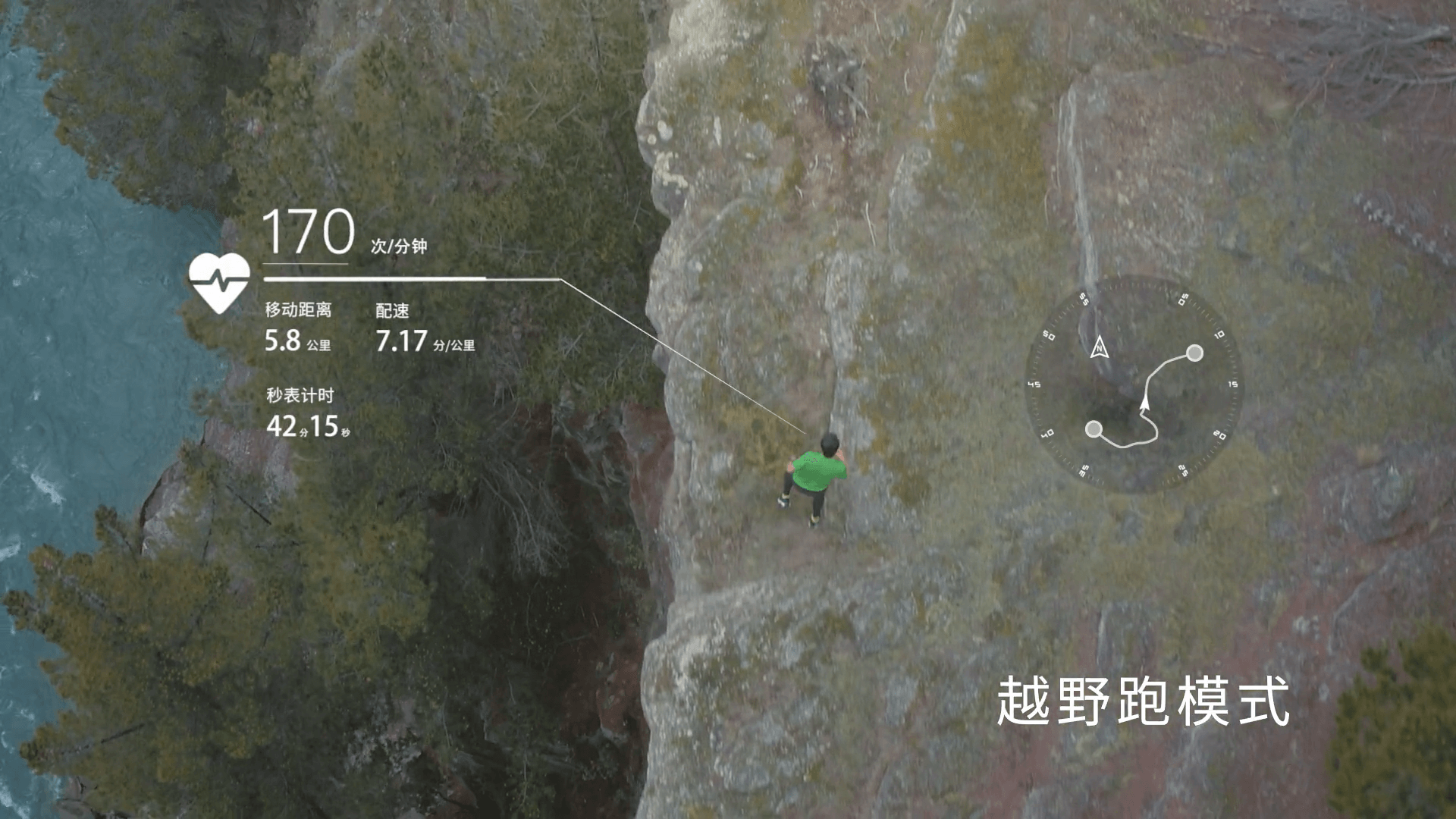 An overhead shot of a man running on a cliffside