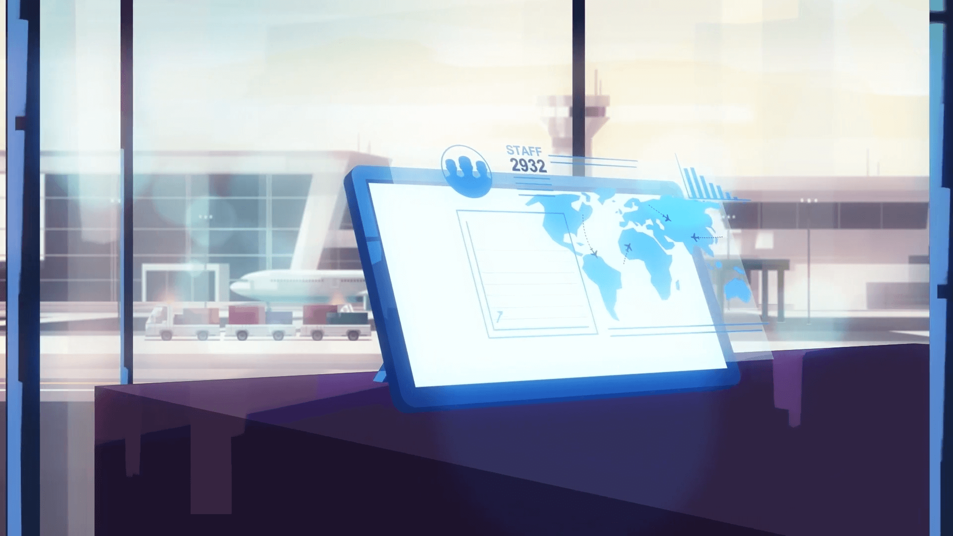 A motion graphic showing a holographic map of the earth