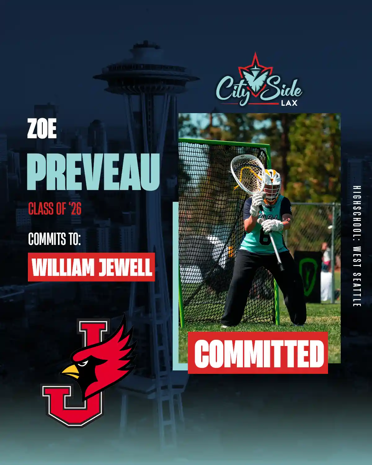 A graphic showing a lacrosse player committed to play in college