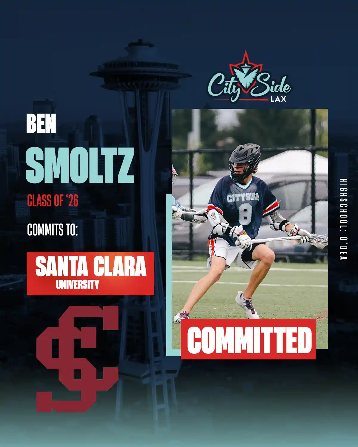 A graphic showing a lacrosse player committed to play in college