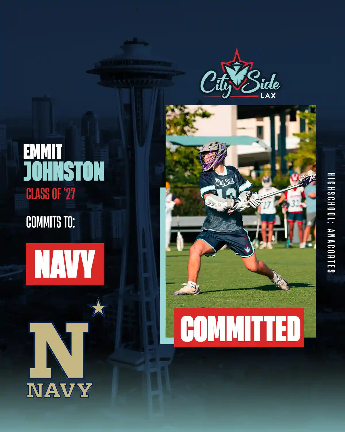 A graphic showing a lacrosse player committed to play in college
