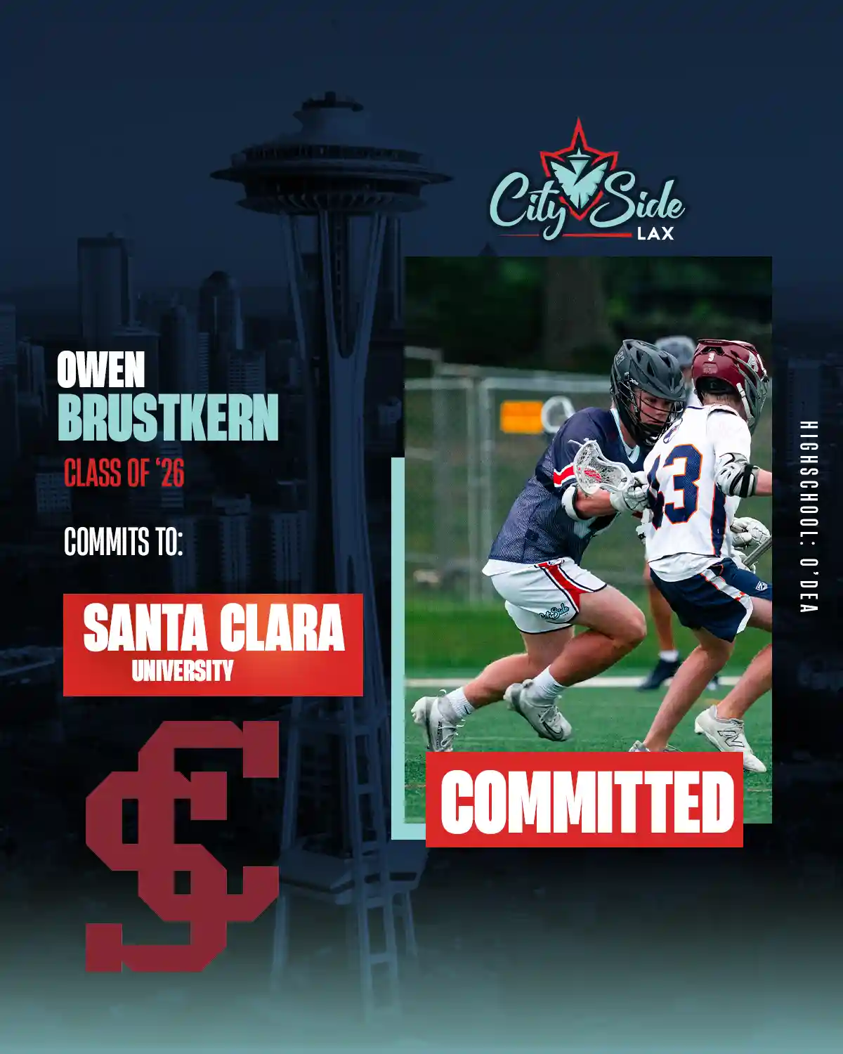 A graphic showing a lacrosse player committed to play in college