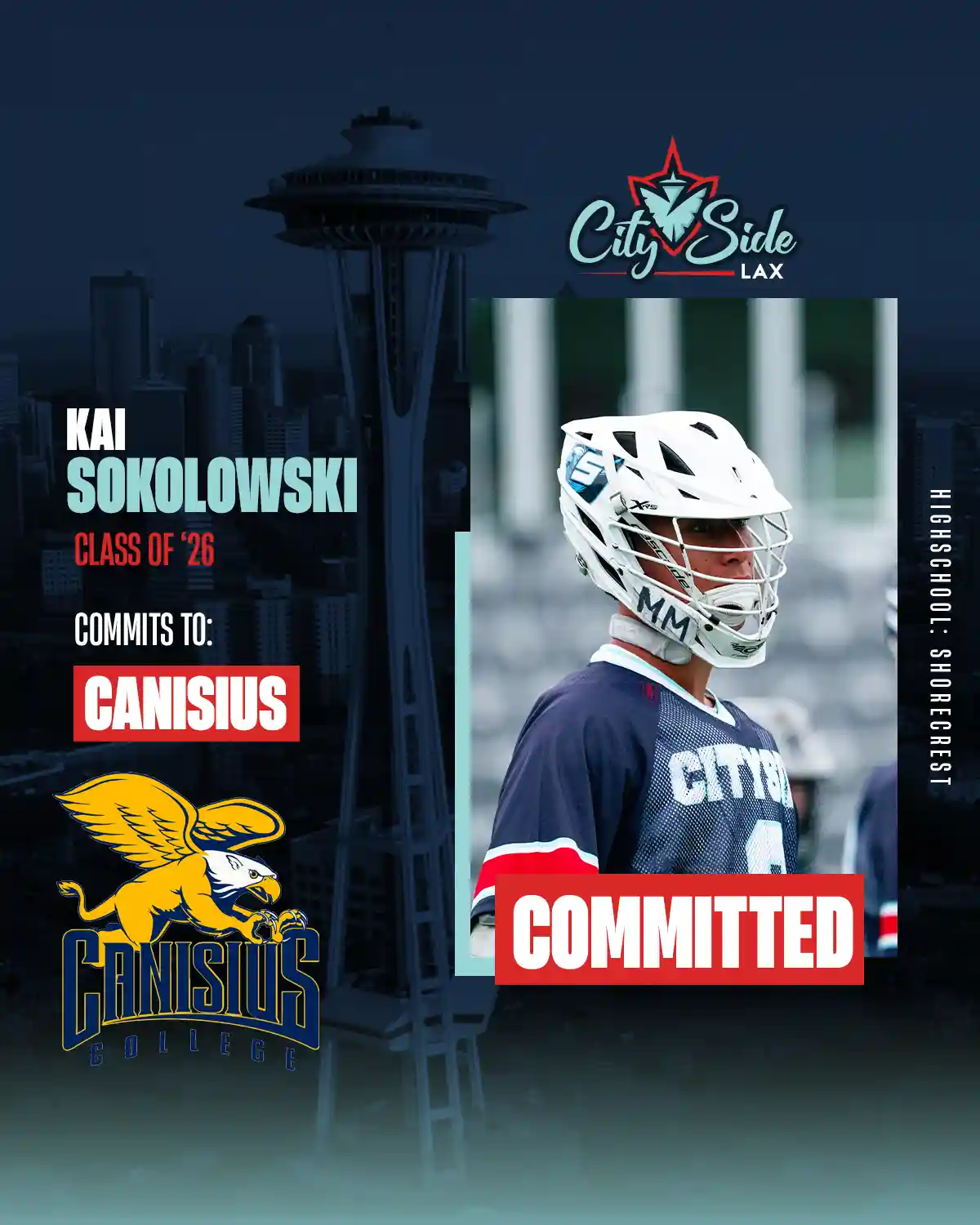 A graphic showing a lacrosse player committed to play in college