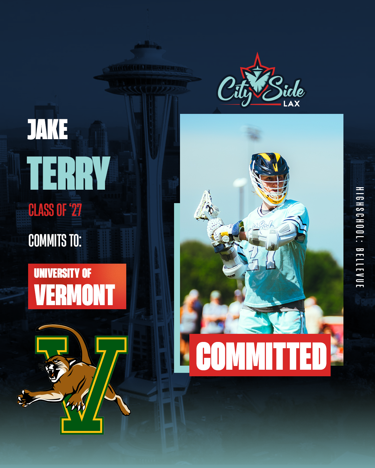 A graphic showing a lacrosse player committed to play in college