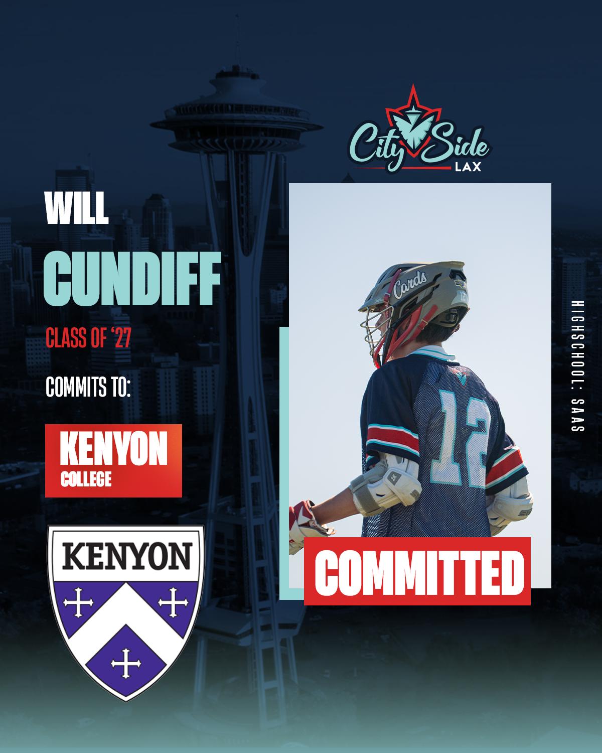 A graphic showing a lacrosse player committed to play in college