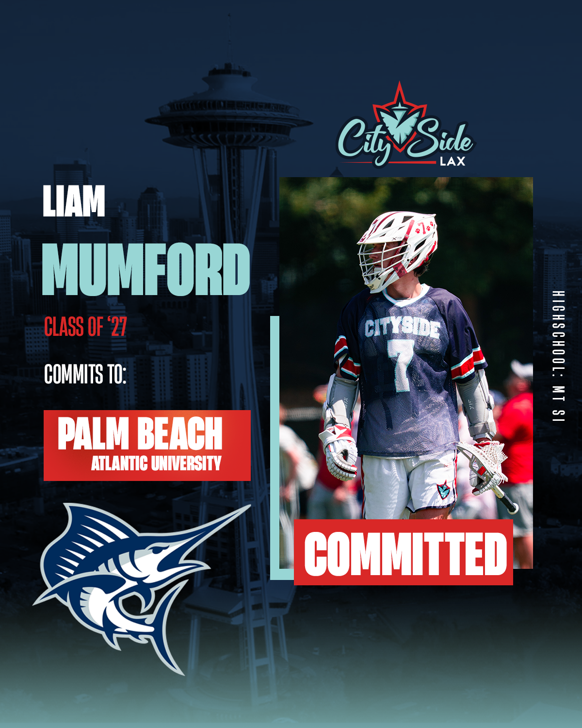 A graphic showing a lacrosse player committed to play in college