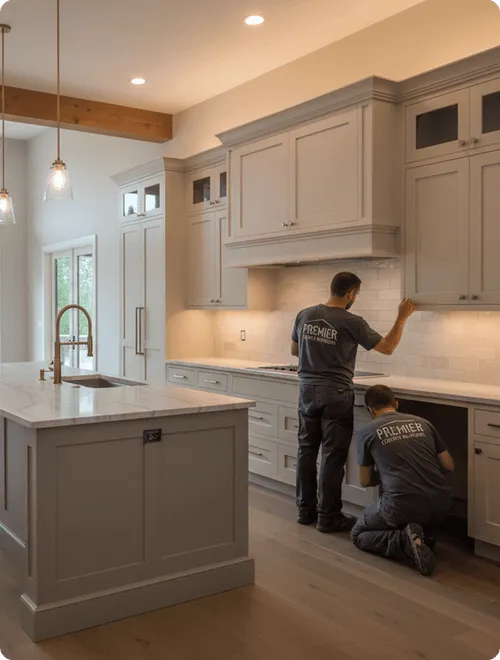 Two workers in Premier Custom Waterproofing shirts installing or inspecting cabinets in a modern kitchen with a large island and marble countertop.