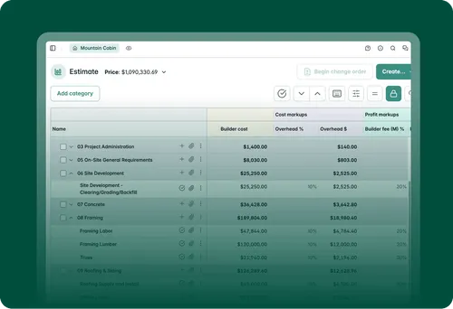 Project estimate table titled Mountain Cabin showing categories like Project Administration, Site Development, Concrete, Framing, Roofing with builder costs, overhead percentages, and profit markups.