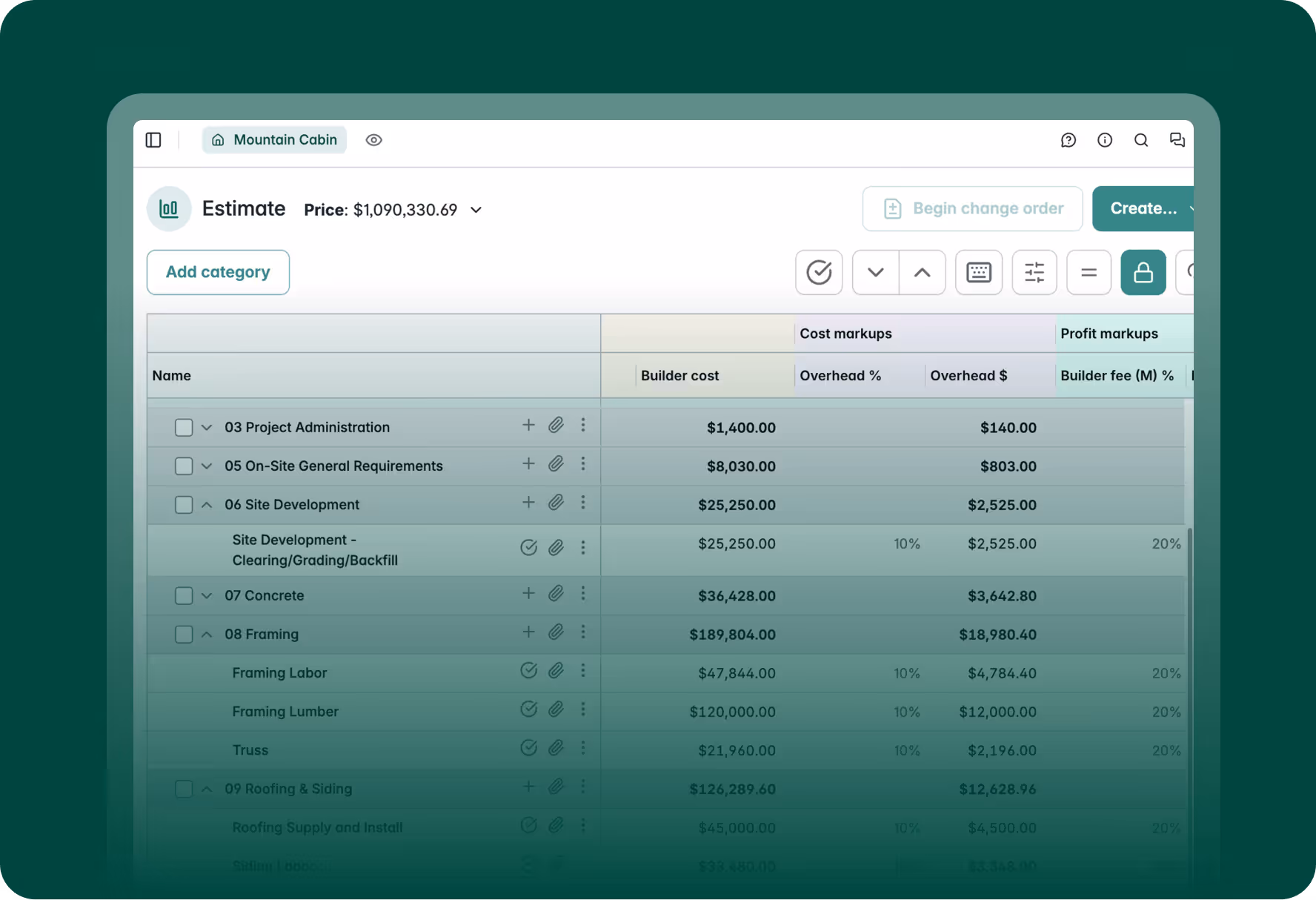 Project estimate table titled Mountain Cabin showing categories like Project Administration, Site Development, Concrete, Framing, Roofing with builder costs, overhead percentages, and profit markups.