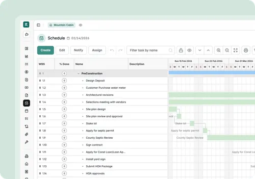 Project management software screen showing a detailed schedule for Mountain Cabin preconstruction tasks, with task names, completion percentages, and a Gantt chart timeline from February to March 2026.