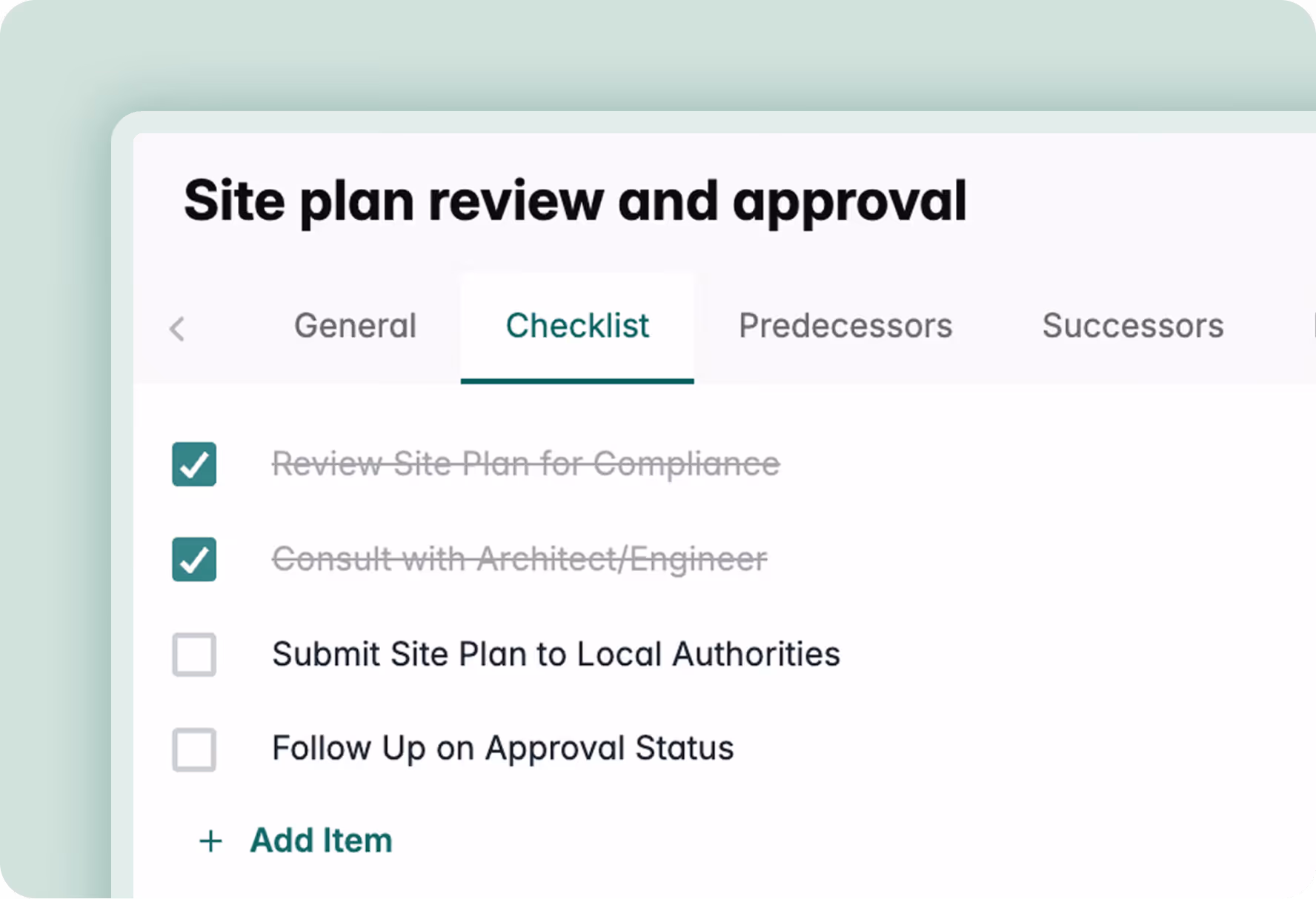 Checklist for site plan review with two completed tasks and two pending: submit plan and follow up approval.