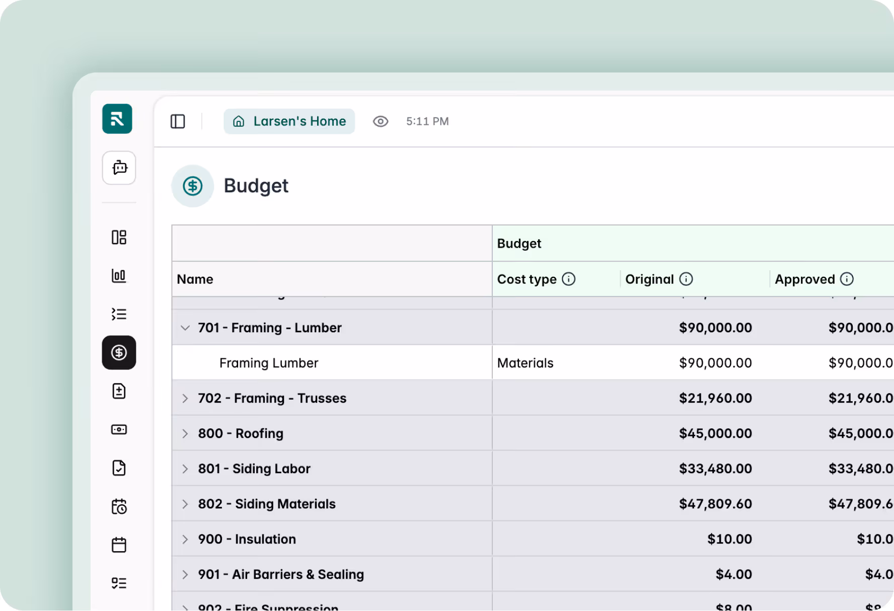 Budget table listing construction costs with categories like framing lumber, trusses, roofing, and insulation.