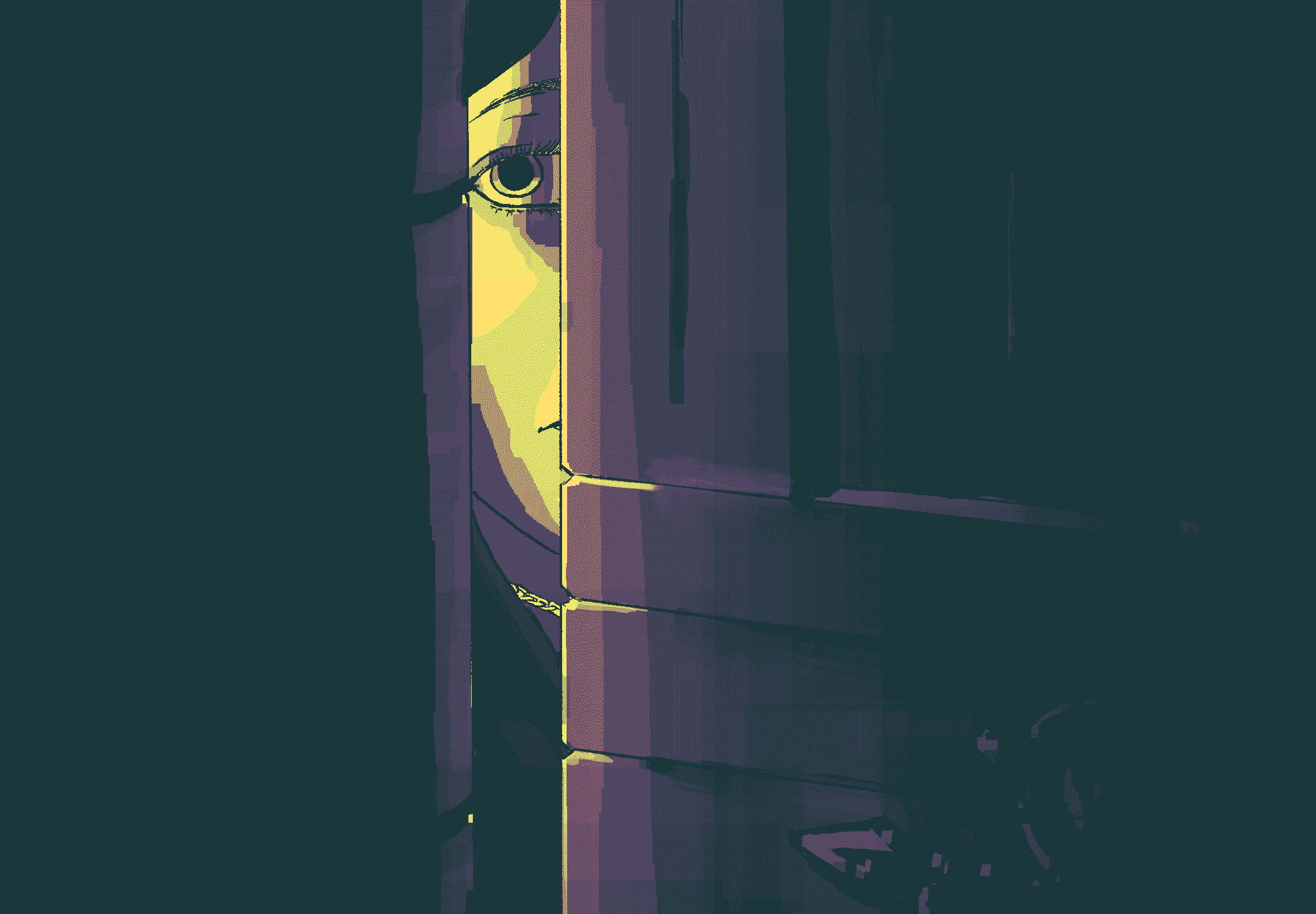 A girl looking through the crack in a door.