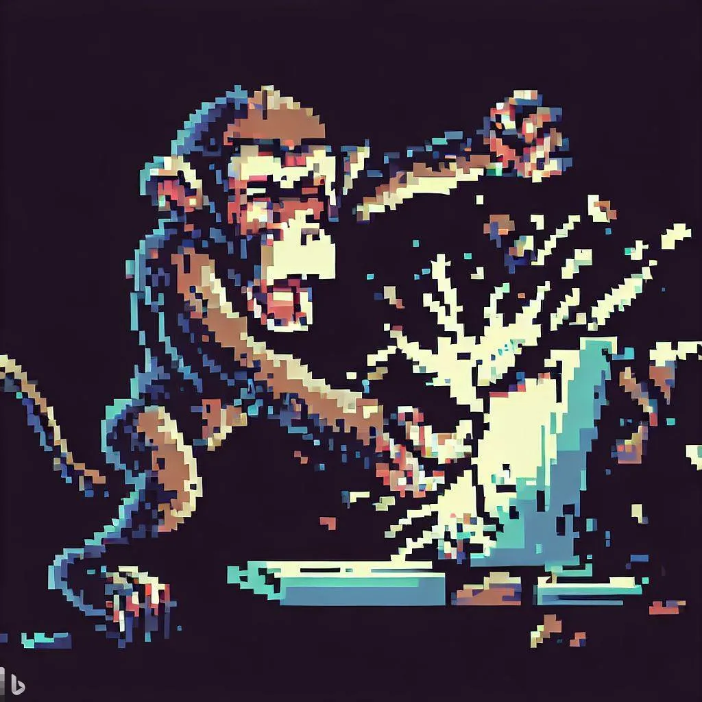 pixel art of a monkey destroying a computer