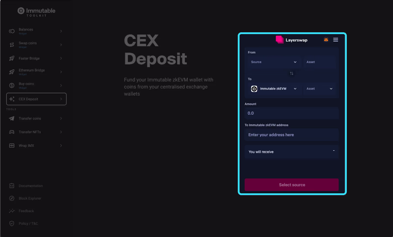 CEX Deposit screen