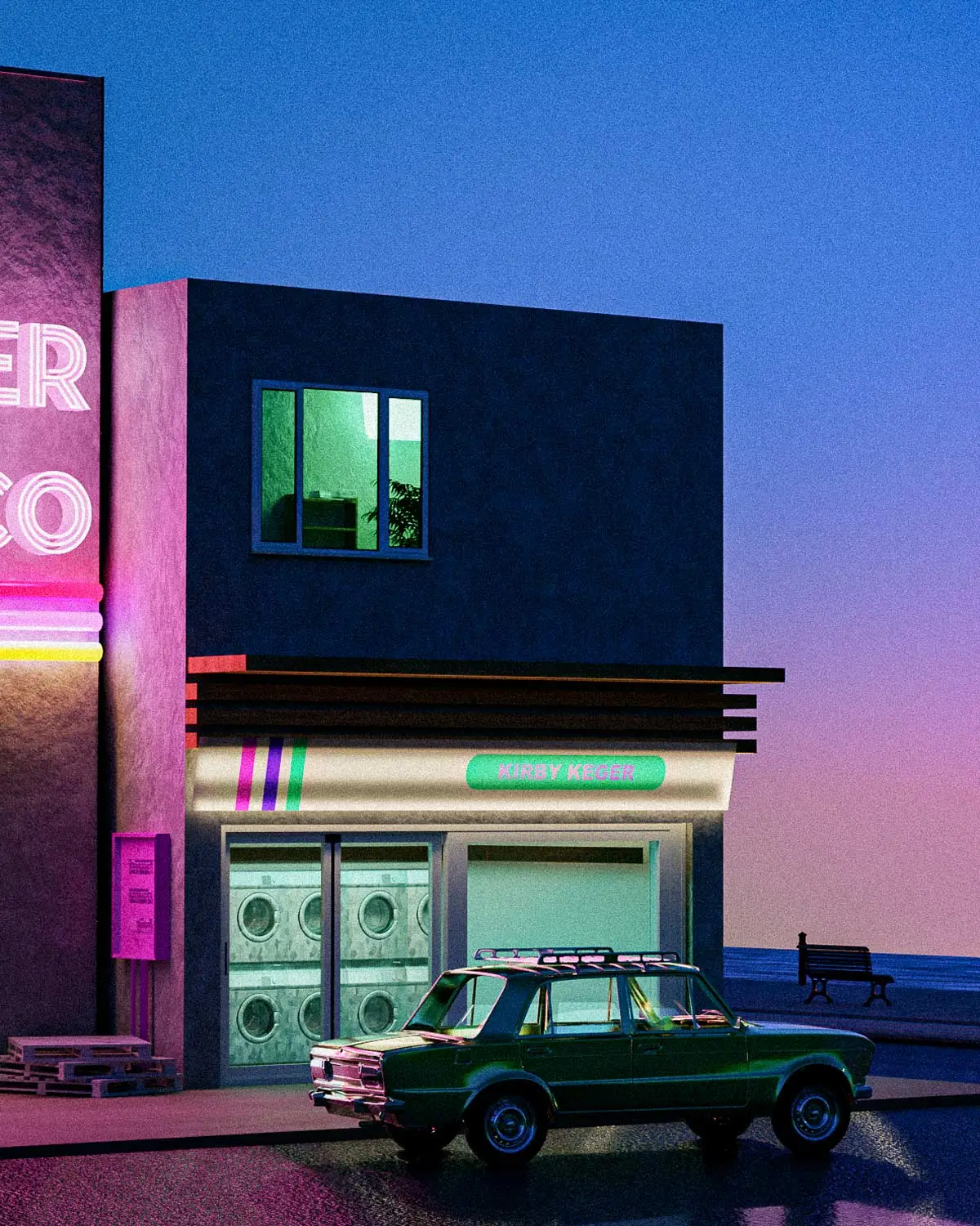 A green car parked in front of a building is a retro feel image with neon lights