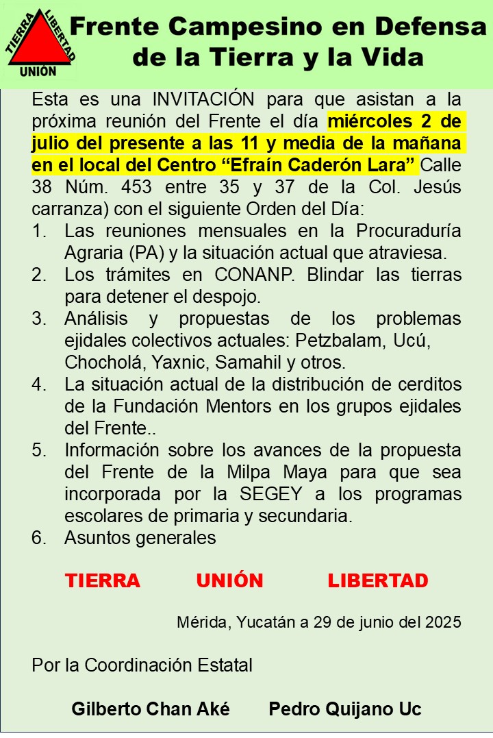 Convocatoria a Reunión del Frente Campesino 020725