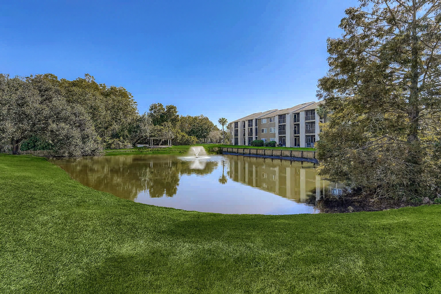 View of grassy area and lake