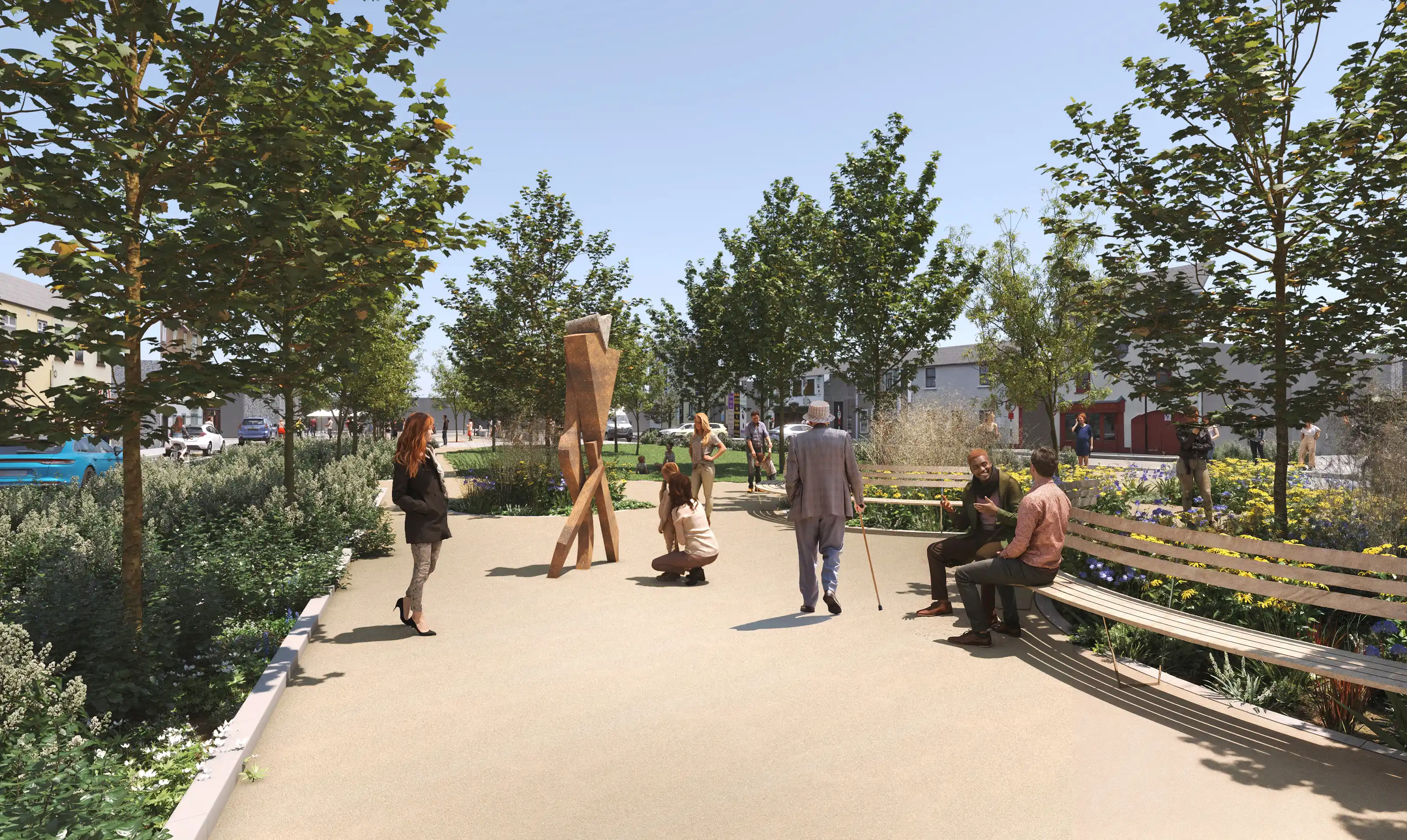 The Tullamore Regeneration Framework aims to position Tullamore as a model for urban regeneration, focusing on compact growth, vibrant public spaces, and sustainable mobility. It aligns with the “Town Centre First” policy, which seeks to make town centres vibrant hubs for living, working, and exploring, and strengthen their role as central hubs for services and social activities.