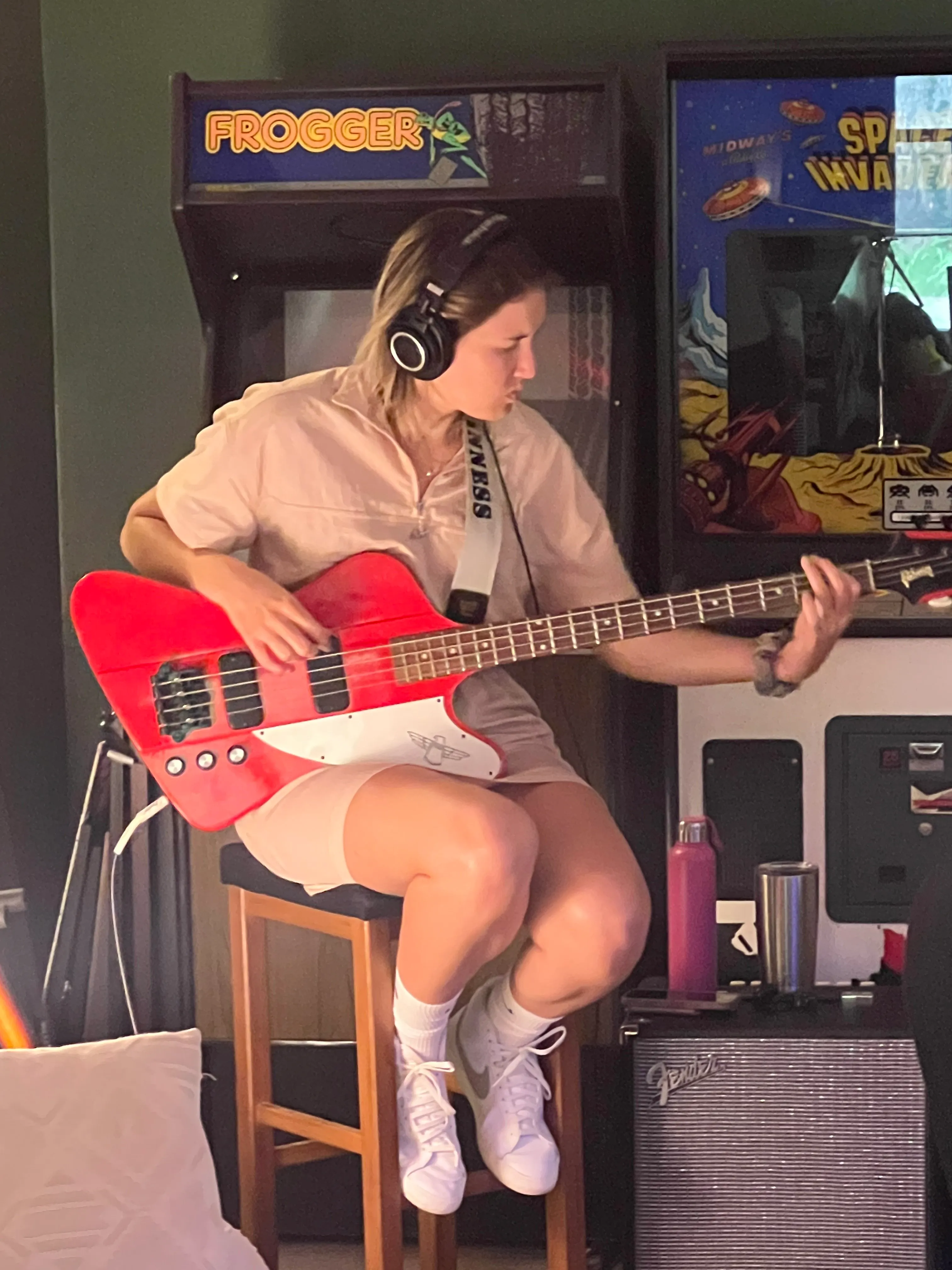 Grace and her not-subtle Thunderbird bass in the studio