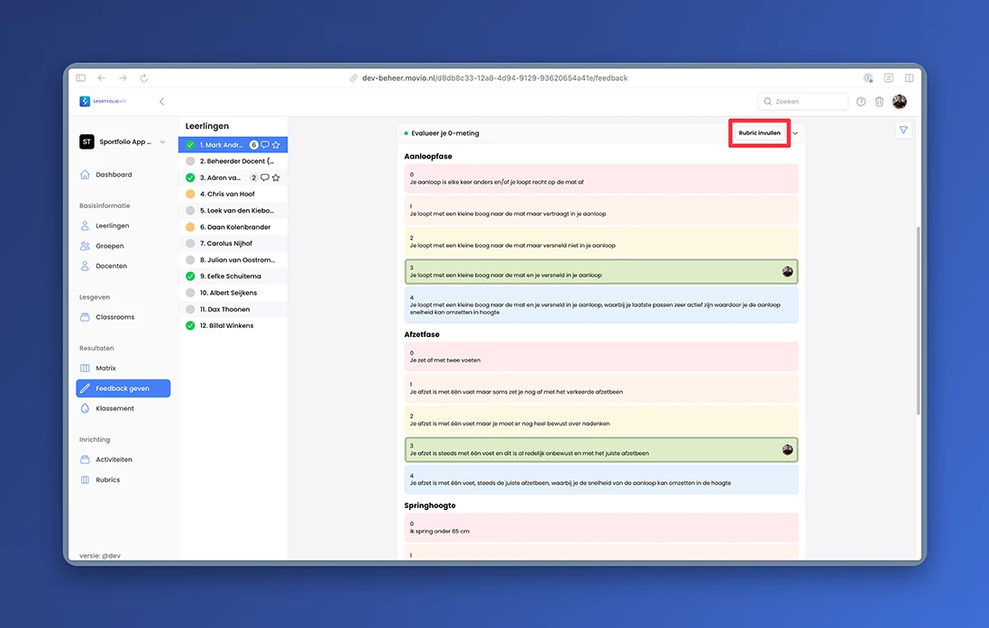 Voorbeeld hoe je als docent een rubric van een leerling in kunt vullen vanuit de docenten omgeving