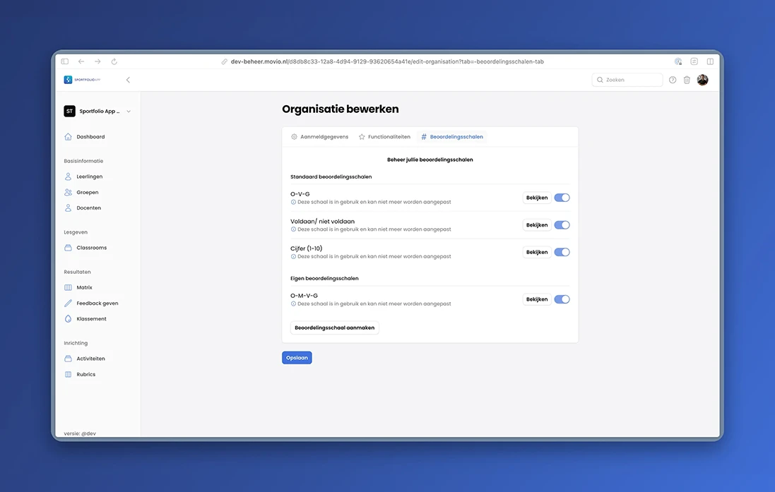 Screenshot van de docenten omgeving instellingen pagina waar je de eigen beoordelingsschalen kunt aanmaken