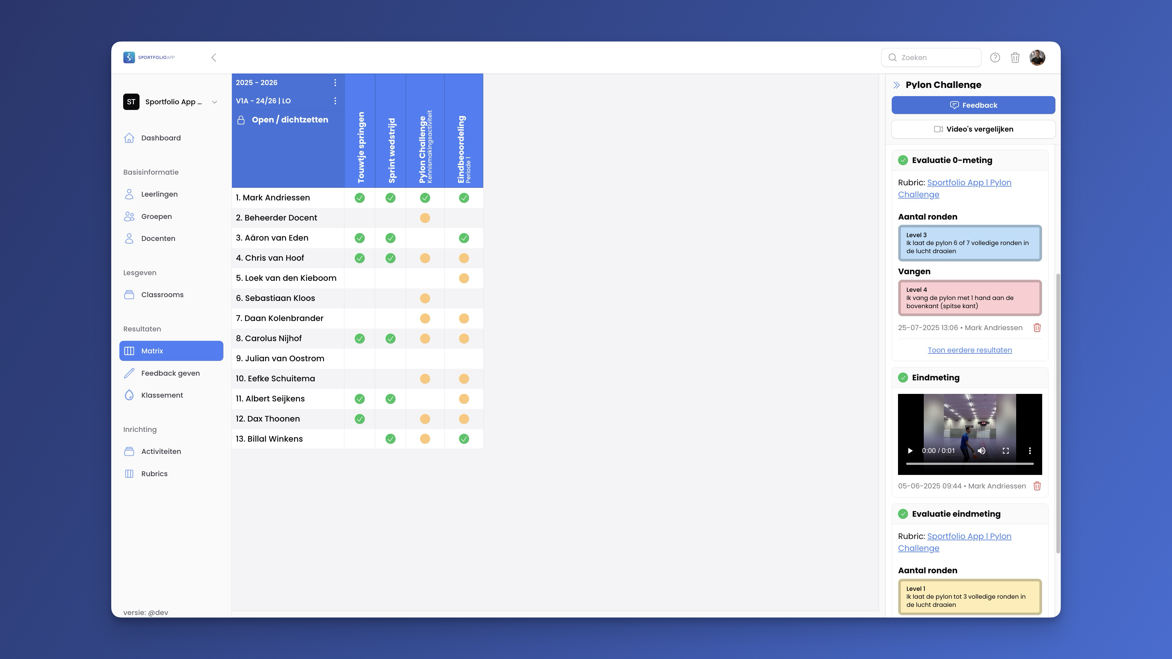 Uiterlijk van de matrix van de Sportfolio App, welke beschikbaar is in de docenten omgeving