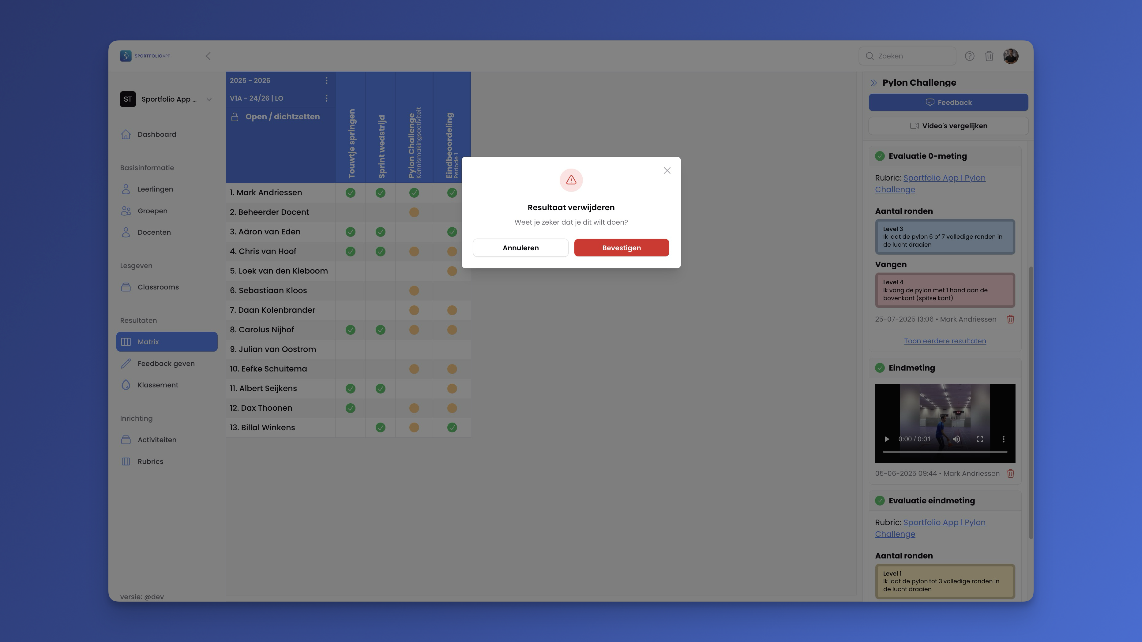 Voorbeeld hoe je resultaten die leerlingen insturen kunt verwijderen als docent