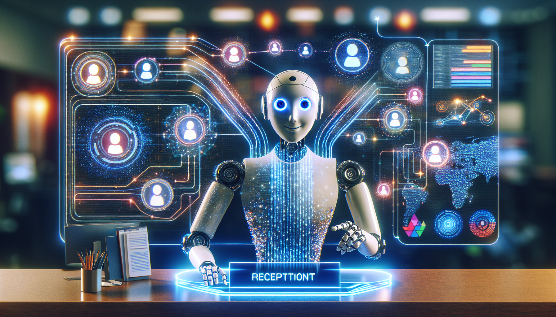 An illustration depicting an AI receptionist integrated with several business systems like CRM and Analytic Tools. Aim to show how all systems are linked through the AI.