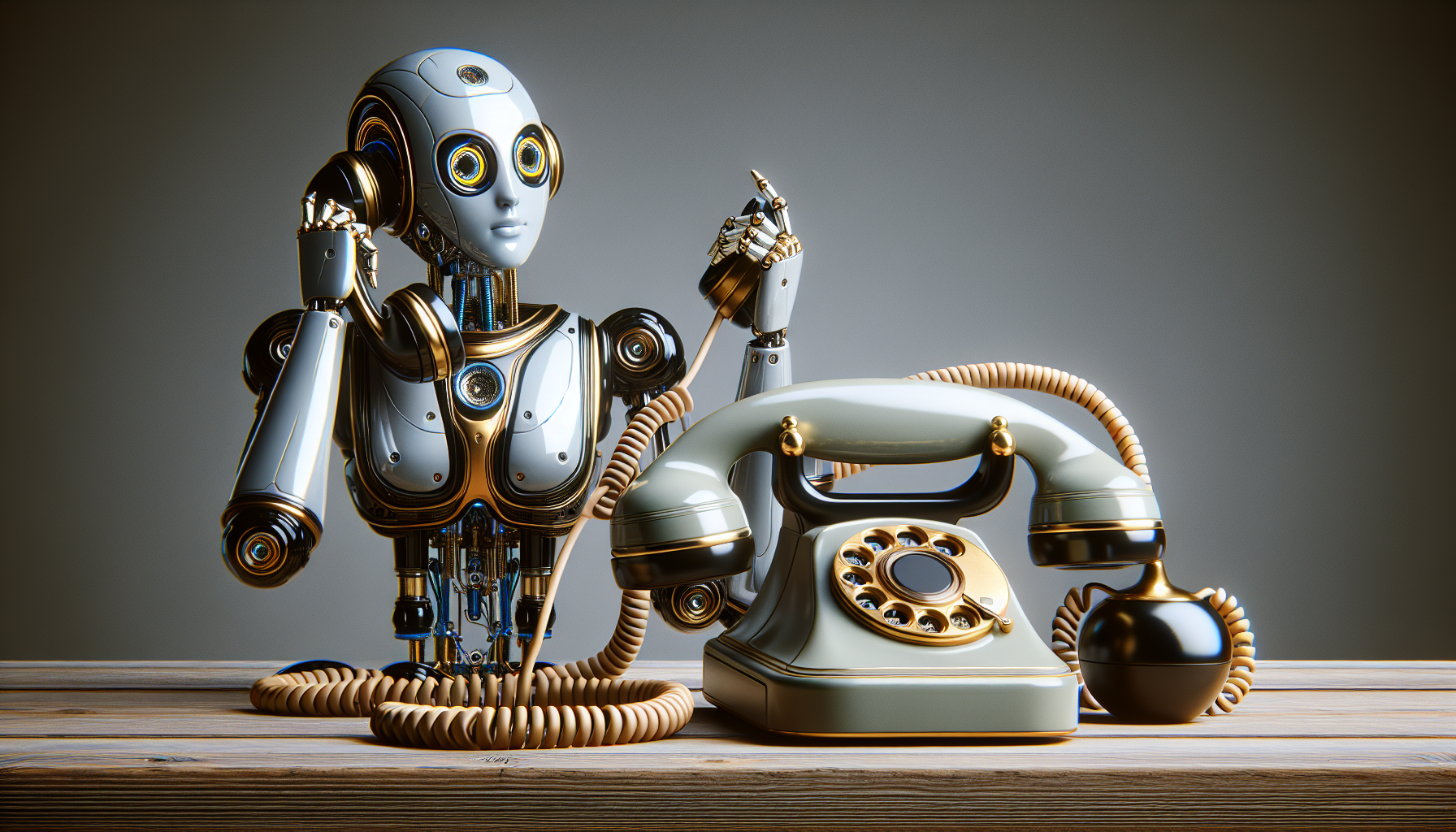 An AI bot talking on a vintage telephone, symbolizing the use of AI in call handling