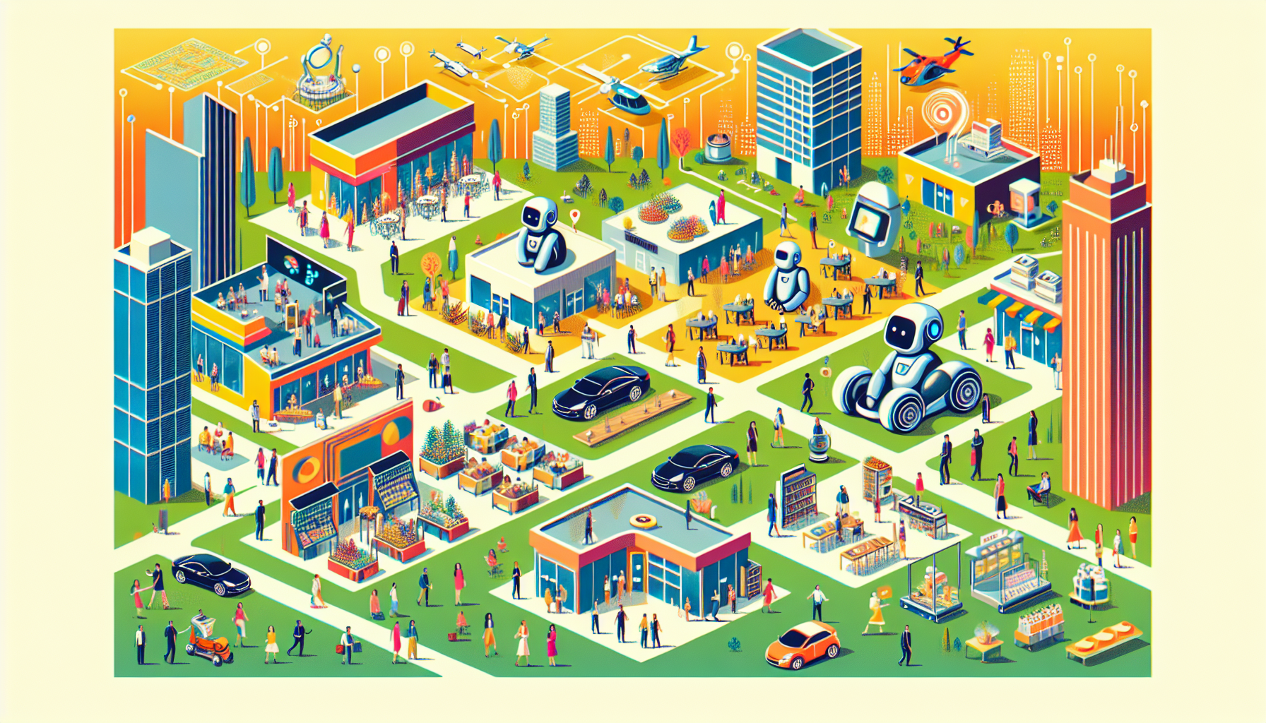 An illustration showing various businesses implementing AI technology