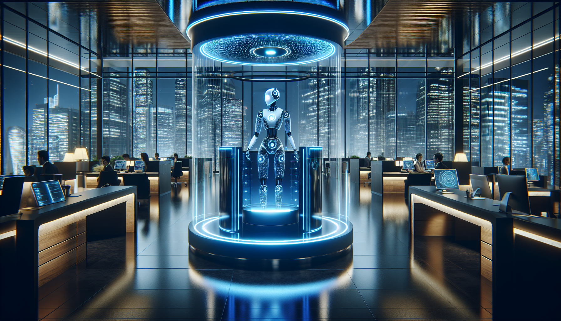 An AI receptionist machine in a business setting.