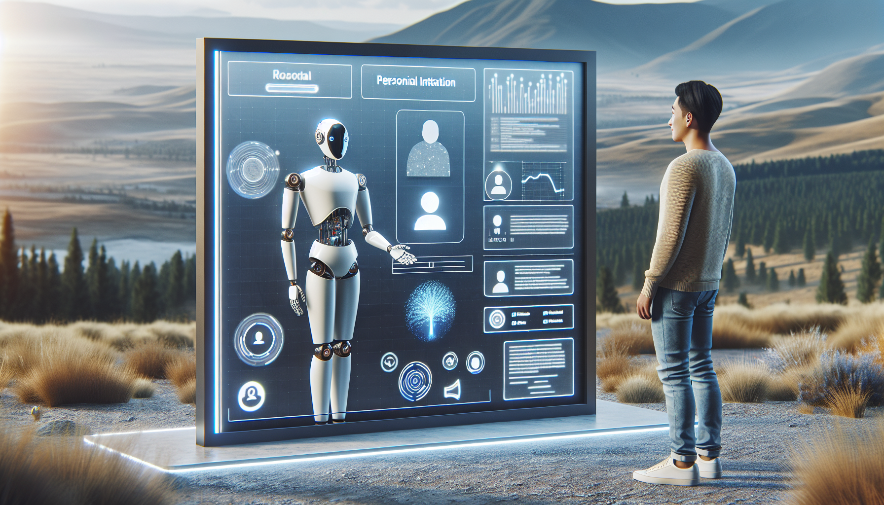 A graphic demonstrating personalized interaction between a human and an AI virtual receptionist