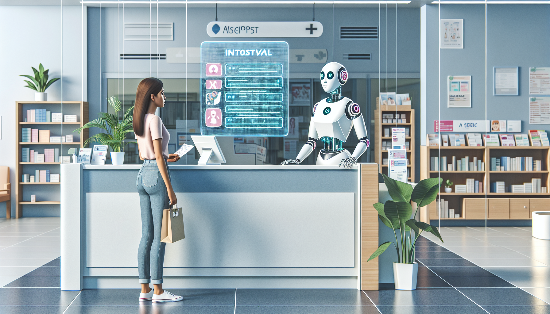 A picture showing an AI receptionist on a screen, helping patients at a healthcare facility