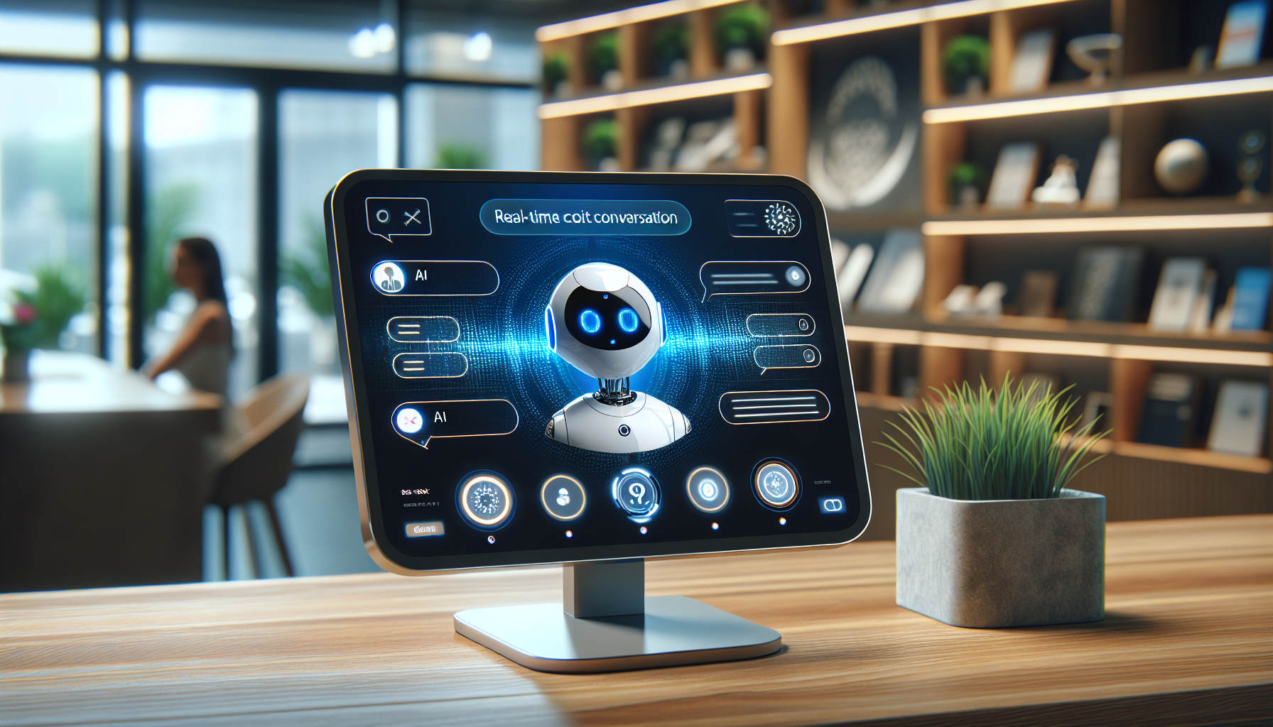 A graphic showcasing IBM Watson's AI receptionist illustrating a real-time customer conversation.
