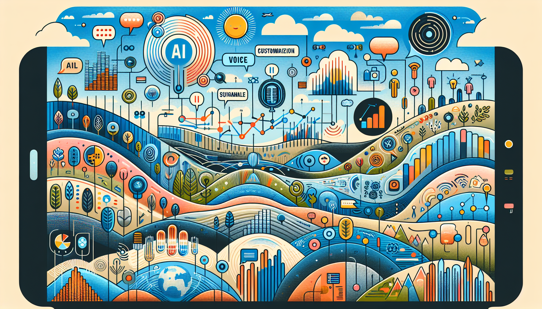 An illustrative graphic detailing AI personalization options such as language support, voice customization, and personalized workflows.