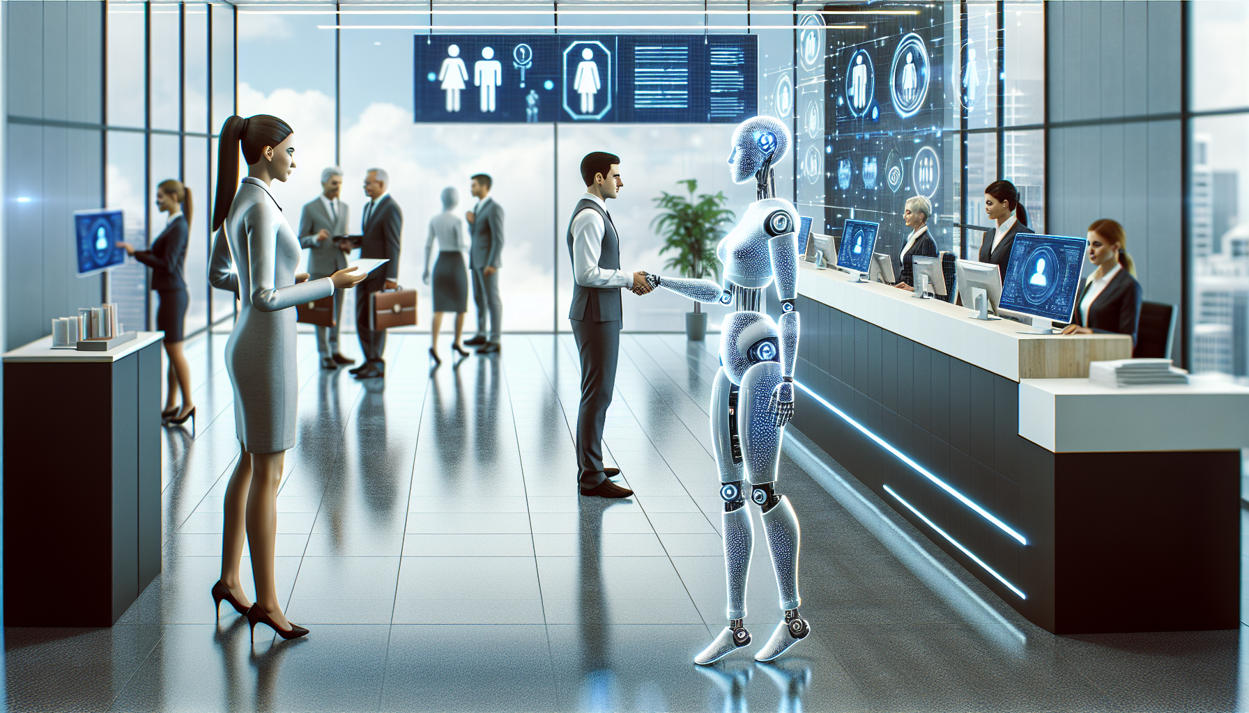 An illustrated image depicting AI receptionists at work in a real estate organization