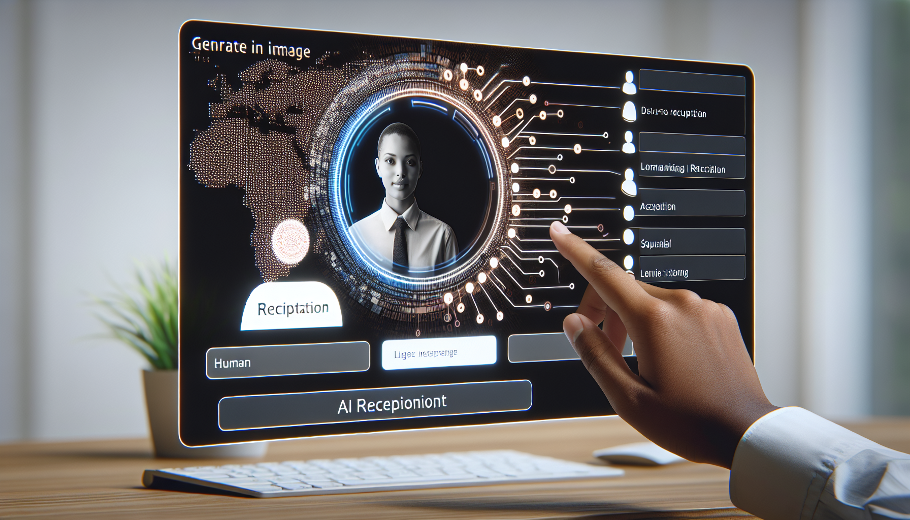 An image demonstrating a user interacting with an AI receptionist's text-based interface on a large screen.