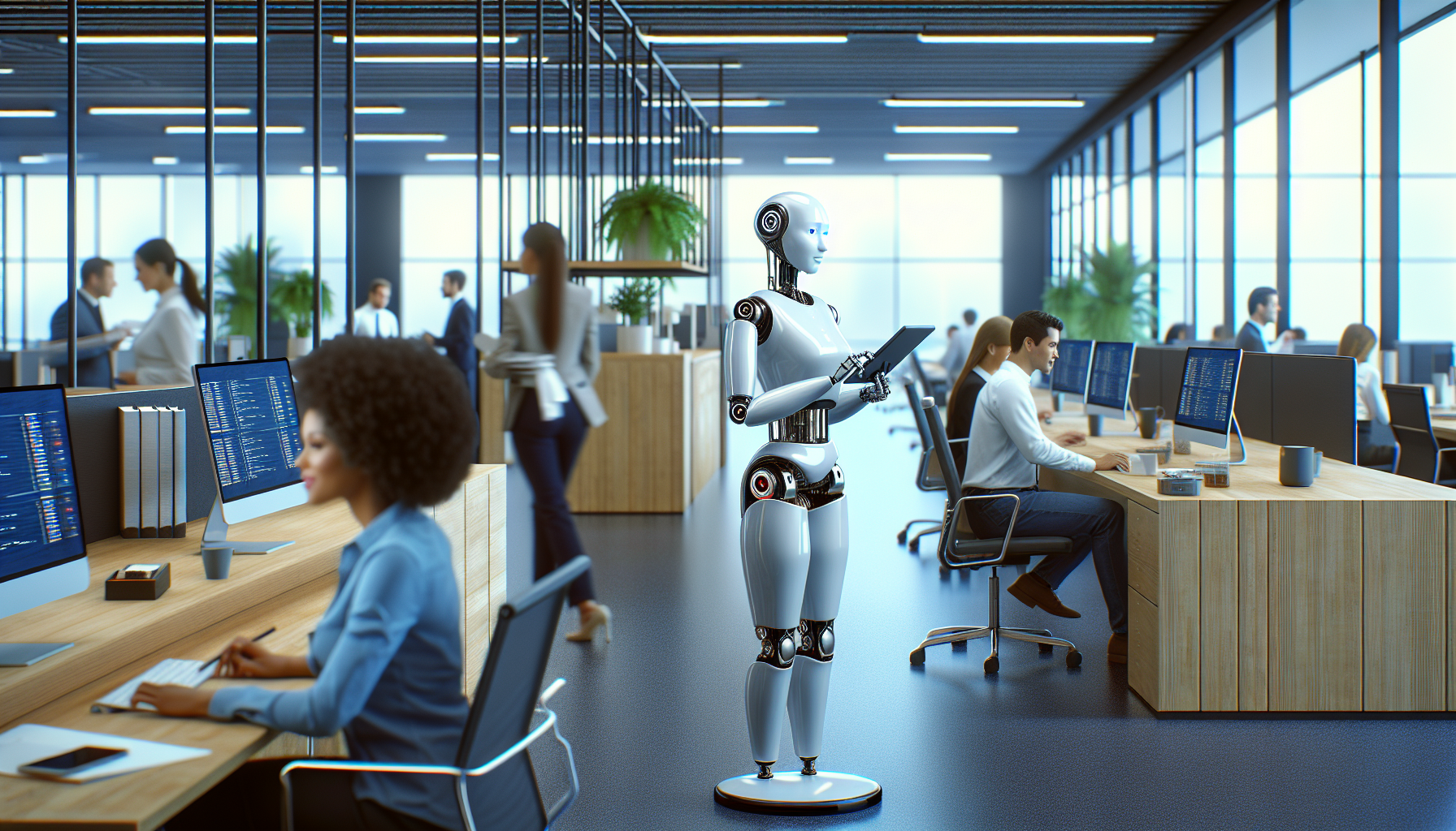 An AI receptionist taking a call in a busy office environment
