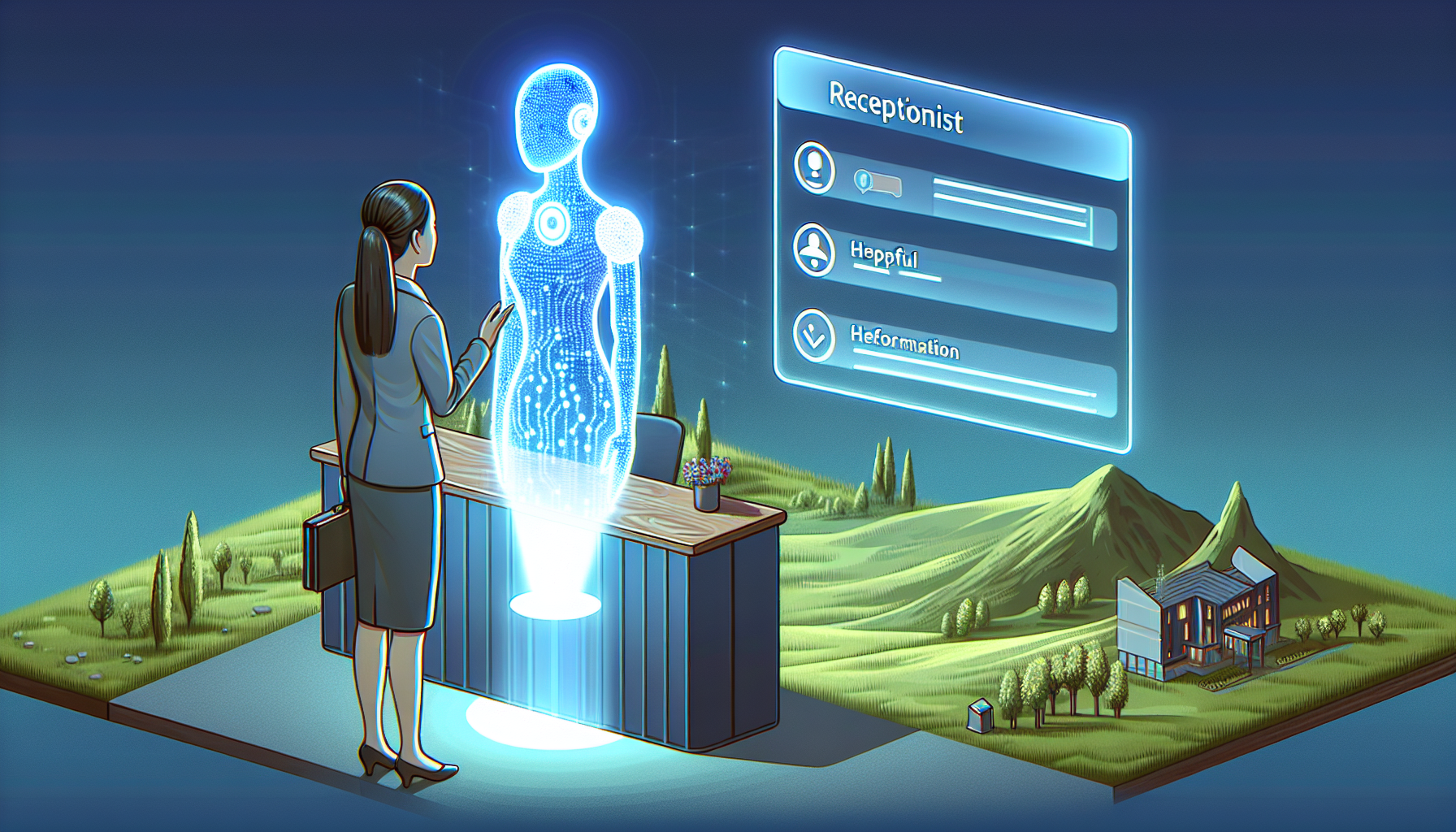 An illustrated image showcasing a digital receptionist interacting with a business client.