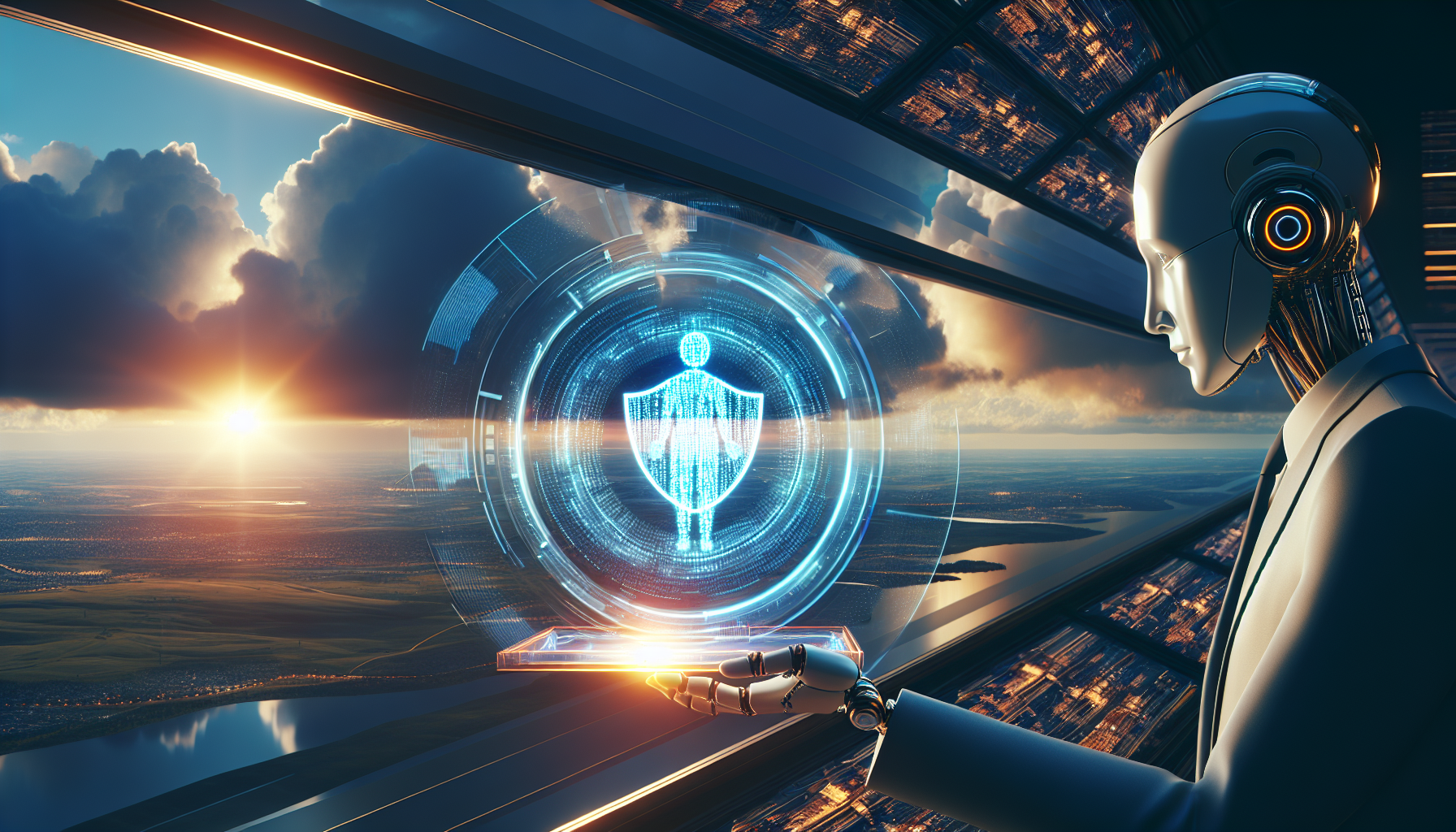 An illustration depicting AI-receptionist with a shield, symbolizing protection of customer data
