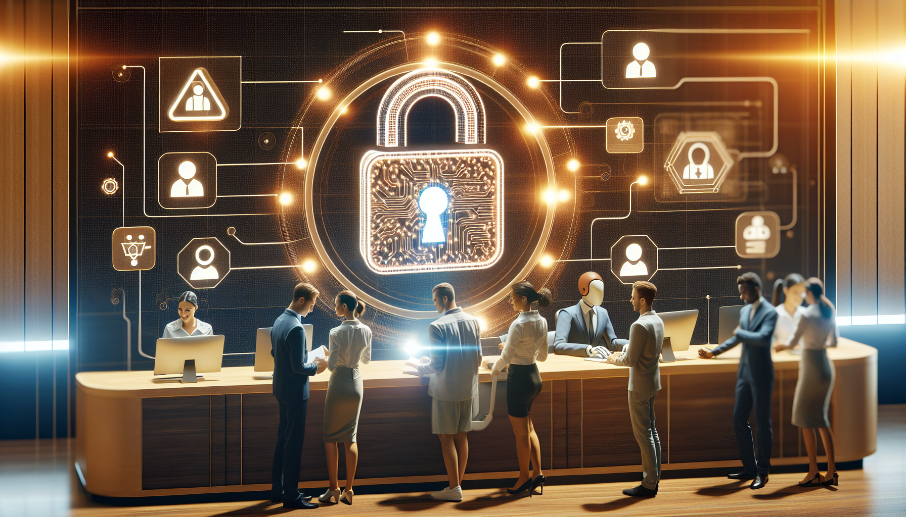 A montage illustration of an AI receptionist alongside a protected lock symbol to indicate safe customer interactions