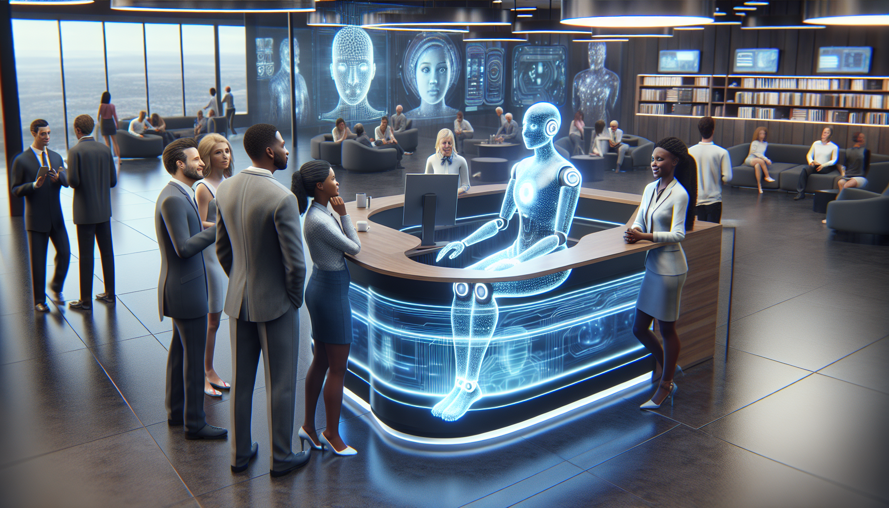 A futuristic image of an AI receptionist effectively understanding and responding to human emotions.