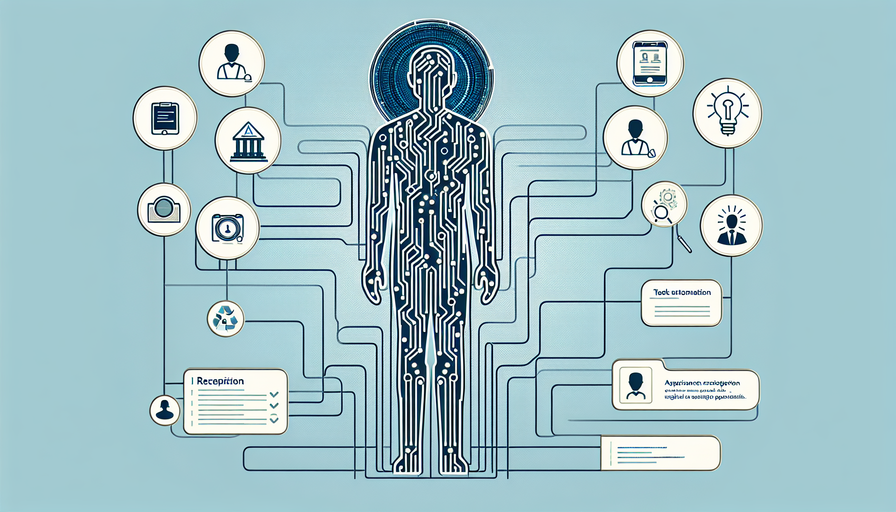 An infographic showing an AI receptionist connected to various apps through Zapier