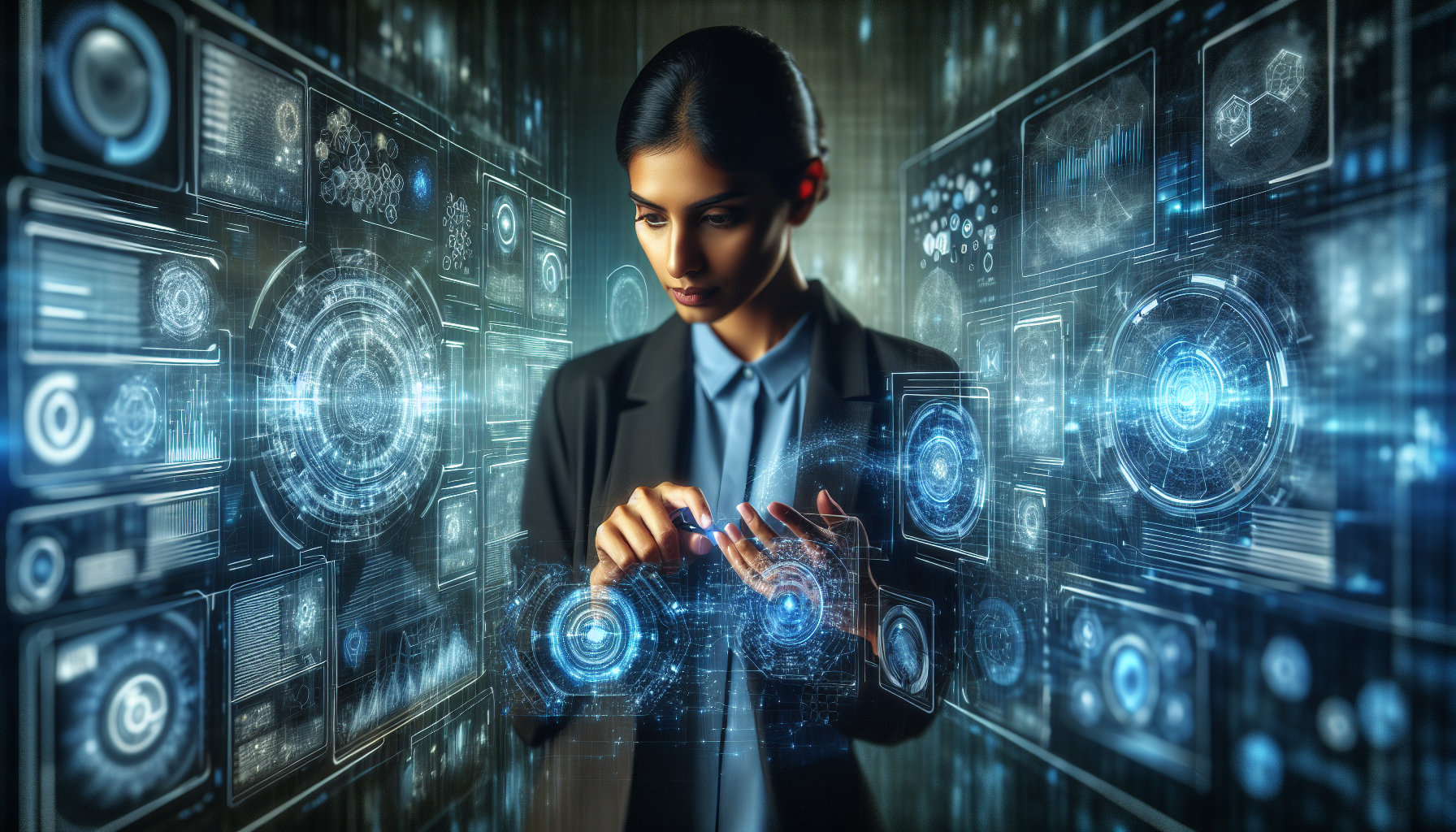 A professional navigating through AI software interfaces