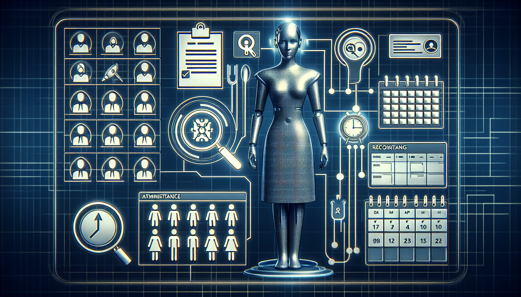 A graphic depicting an AI receptionist with icons representing various administrative tasks, such as attendance recording, appointment scheduling, and query tracking.