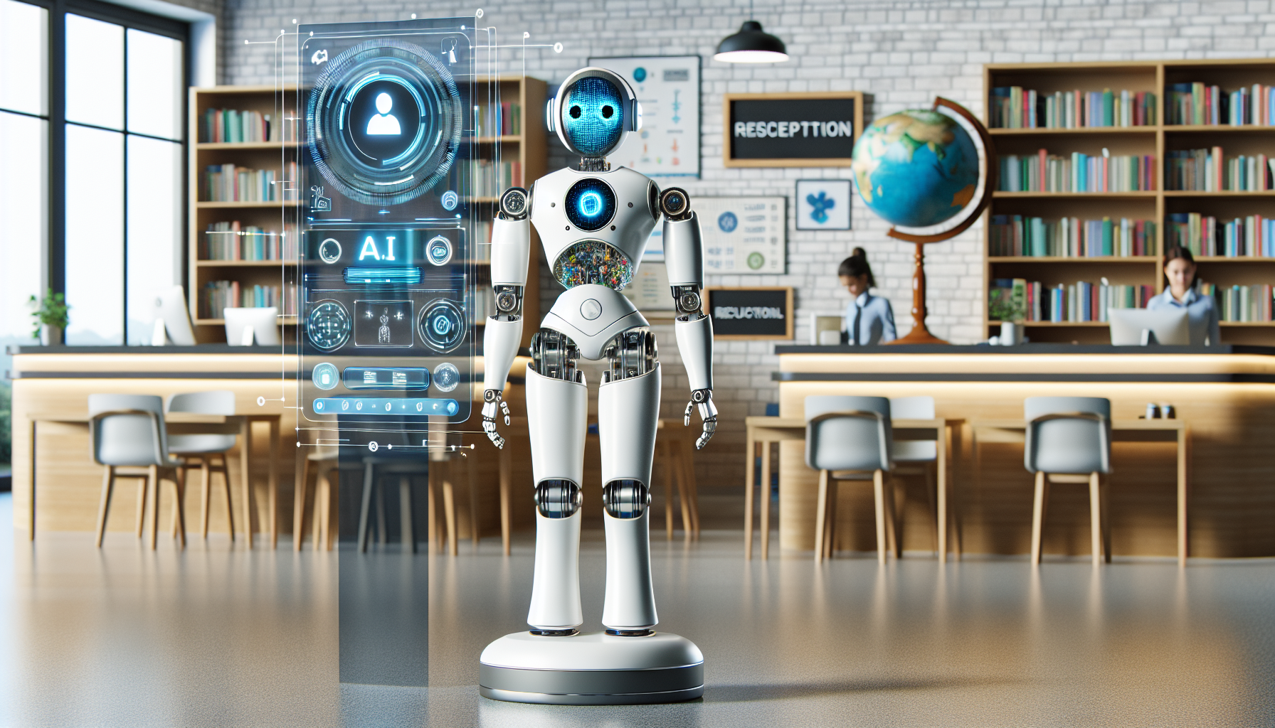 A depiction of an AI Receptionist in an educational setting, perhaps represented as a robot or an AI interface on a computer screen.