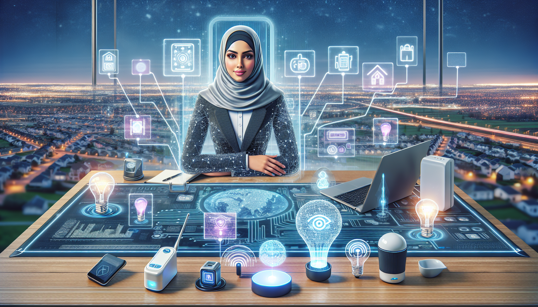 An image showing a virtual AI receptionist interacting with IoT devices.