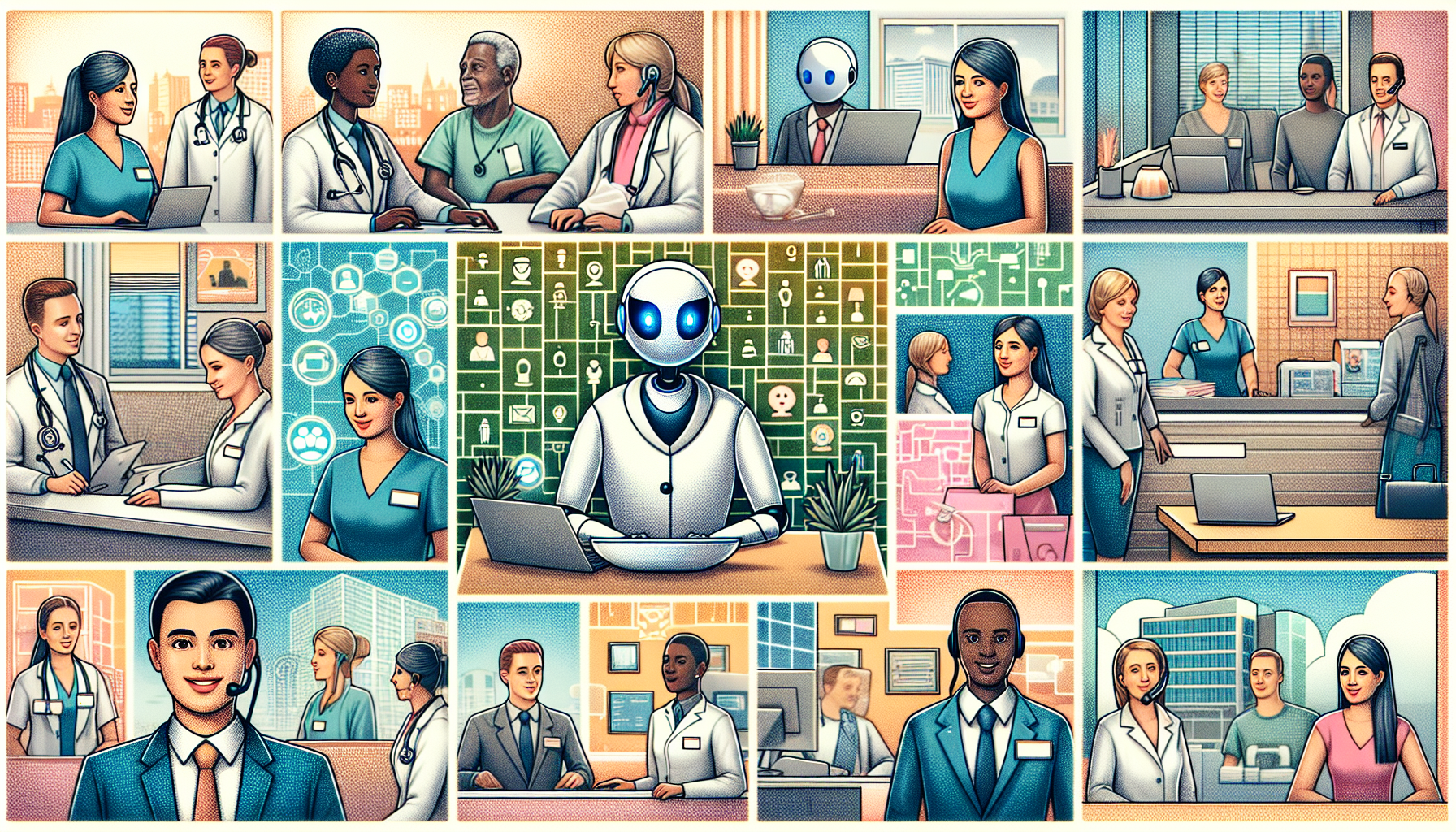 A collage image displaying AI receptionists being used in various industries such as healthcare, hospitality, and e-commerce.