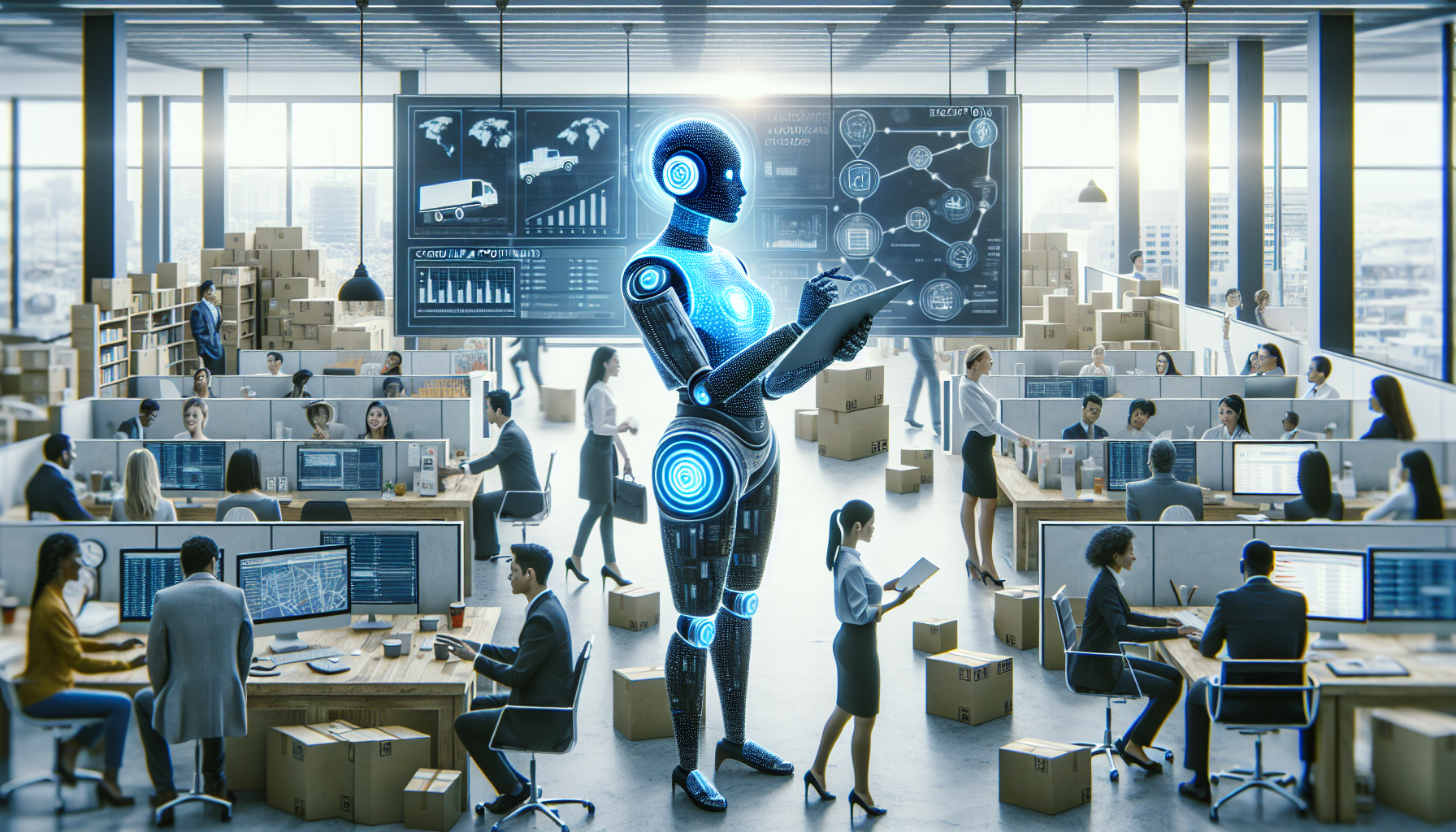 An image showing an AI receptionist at work in a logistics company – interacting with clients, scheduling meetings, or answering queries instantly.